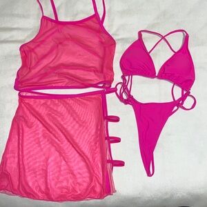 SHEIN hot pink thong string ‘one-piece’ bikini with sheer top & skirt bottom